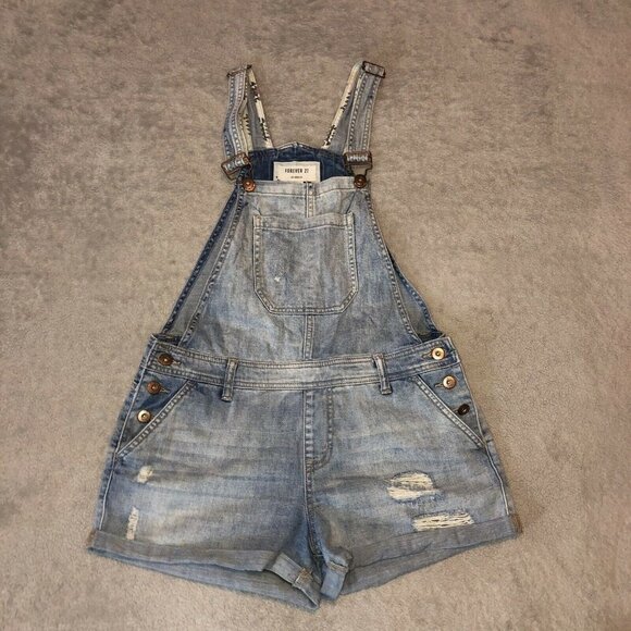 FOREVER 21 Distressed Denim W/ Pockets Embroidered Overall Jean Shorts - Picture 2 of 10